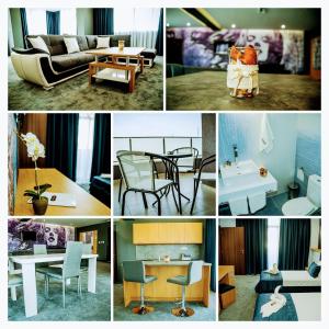 een collage van foto's van verschillende soorten meubilair bij Impuls hotel in Vidin