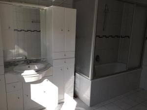 ein Bad mit einer Dusche, einem WC und einem Waschbecken in der Unterkunft Wohnung 3 Fließ in Fliess