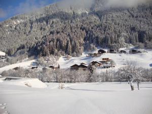 einen schneebedeckten Berg mit einem Dorf in der Ferne in der Unterkunft Haus am Bühel in Gaschurn