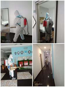 four pictures of a person in a room with a bed at PI Grand Hotel in Sepang