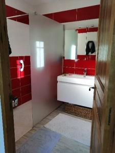 een rood-witte badkamer met een wastafel en een spiegel bij LE CABANON in Crillon-le-Brave