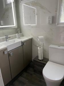 a white bathroom with a toilet and a sink at JJs Lodge Holiday Home Bude in Kilkhampton