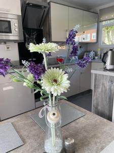 un vaso di fiori su un tavolo in cucina di JJs Lodge Holiday Home 14 The Park Bude a Kilkhampton Altre 12 foto