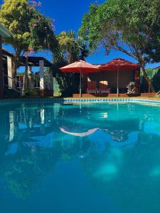 una gran piscina con una sombrilla roja y una casa en Brown Jug Guest House, en Hermanus
