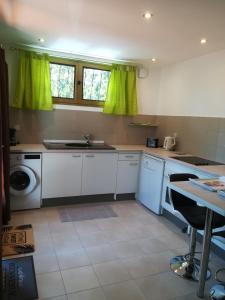 a kitchen with a sink and a washing machine at appartement avec Jacuzzi hammam sauna privatisé au rez de chaussée ds maison à Voglans à 2 kilomètres du lac du bourget en Savoie entre Chambéry et Aix les Bains cure thermale in Voglans