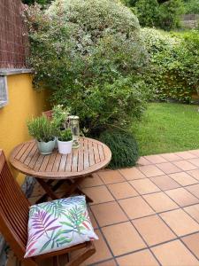 una mesa de madera con plantas en un patio en Casa Poo de Llanes con jardín, en Póo
