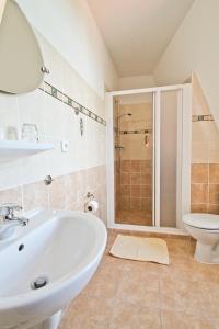 a bathroom with a sink and a toilet and a shower at Hotel Císař Ferdinand in Loket