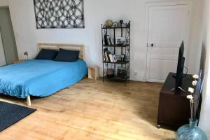 1 dormitorio con 1 cama con sábanas azules y TV en Studio et terrasse au sein d'un manoir XVIIème en Montauban-de-Bretagne