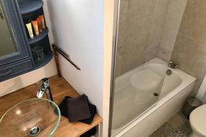a bathroom with a shower and a sink and a tub at Studio et terrasse au sein d'un manoir XVIIème in Montauban-de-Bretagne