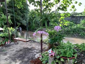 un giardino con fiori rosa e altalena di บ้านย่า ณ ท่าไทร a Si Racha