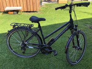 a bike parked on the grass in a yard at Ferienwohnung Mühlendamm in Bergen