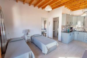 a bedroom with two beds and a kitchen in a room at Stefanos Studios in Skala