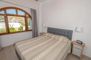 a bedroom with a bed and a window at Stefanos Studios in Skala