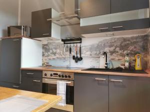 a kitchen with stainless steel appliances and a counter top at Charmante Ferienwohnung in einem Bauernhaus in Lontzen
