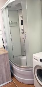 a shower in a bathroom with a washing machine at Квартира в Академ Риверсайд с панорамным видом in Chelyabinsk