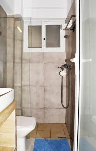 a bathroom with a shower and a toilet and a sink at Studio Agia Marina Koropi in Aghia Marina