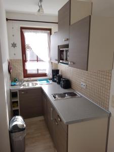 cocina con fregadero y encimera en Haus Sachsensteinblick Ferienwohnung Sonnenschein, en Bad Sachsa