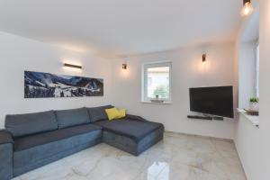 a living room with a blue couch and a flat screen tv at Apartments Julian Explore in Rateče