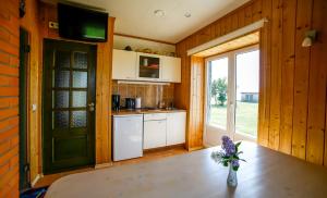 a kitchen with a table with a vase of flowers at Puise Nina Guest House in Puise