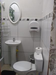 La salle de bains est pourvue de toilettes, d'un lavabo et d'un miroir. dans l'établissement Hospedaje Marita, à Lima