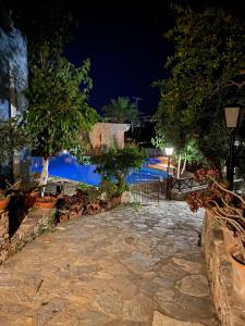 Arolithos Traditional Village Hotel في Tílisos: اطلالة ليلية على المسبح ليلا