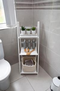 a white shelf in a bathroom with a toilet at Patsy’s Corner Cottage in Enniskillen