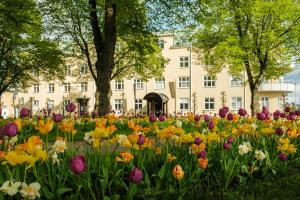 um campo de flores em frente a um edifício em Badhotellet Spa & Konferens em Tranås