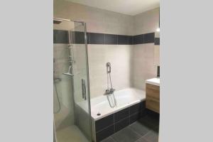 a bathroom with a shower and a tub and a sink at Maison lumineuse 3 chambres bordeaux sud in Pont-de-la-Maye