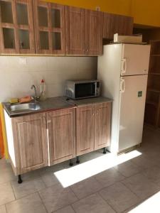 eine Küche mit einem weißen Kühlschrank und einer Mikrowelle in der Unterkunft Bem apartman in Jászárokszállás