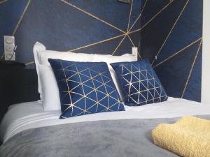 Una cama con dos almohadas azules y blancas. en Les Volets Bleus - Refaits à neuf, deux appartements et un studio, Jardin, en Bourges