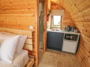 a room with a kitchen and a bed in a log cabin at Pod 6 in Ballymoney