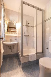 a bathroom with a shower and a toilet and a sink at Haus Farmer in Sankt Martin am Tennengebirge