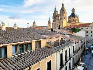 Blick auf eine Stadt mit Gebäuden und einer Kathedrale in der Unterkunft Apartamentos Celestina by gaiarooms in Salamanca