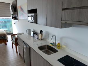a kitchen with a sink and a microwave at Puerto Nuevo - cerca Mall Plaza, Antofagasta in Antofagasta