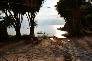 帕萊歐卡斯提撒的住宿－Ampelaki Blue，一张野餐桌和椅子,坐在靠近水面的石头庭院里