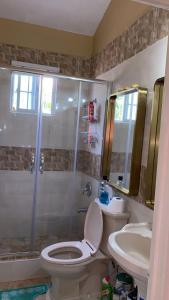 a bathroom with a shower and a toilet and a sink at Luxurious Secret Escape in Portmore