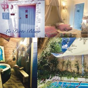 a collage of pictures of a room with a surfboard at La Porte Bleue : Guest house Cosy & Jaccuzi in Saint-Pierre