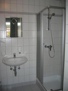 W łazience znajduje się umywalka i prysznic. w obiekcie Cobaneshof w mieście Gobelsburg