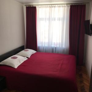 a bedroom with a bed with red sheets and a window at MaryLu home in Lviv