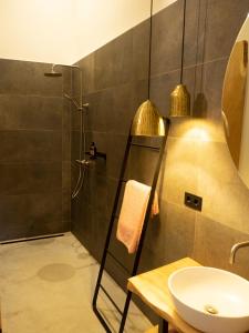 bagno con lavandino e doccia di Lagom bed and breakfast a Wilsum