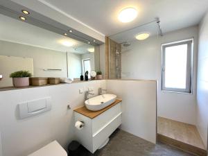 a bathroom with a sink and a mirror at Apartment Rooftop in Dresden