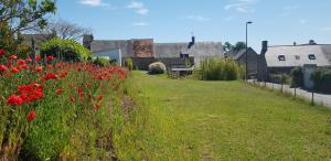 um campo de flores vermelhas num quintal com casas em Les 3 mômes em Pontorson