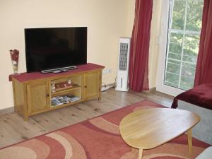 a living room with a flat screen tv and a coffee table at Ferienwohnung Anna in Semmering