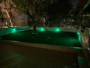 un parque de noche con un árbol y luces verdes en La casa de PortoRafti, en Porto Rafti