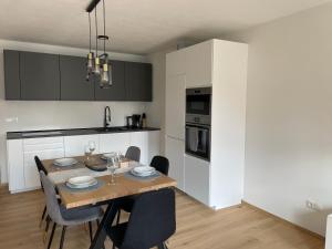 a kitchen and dining room with a table and chairs at Rosa's Boutique Apartment & parking in Merano