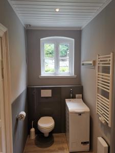 a small bathroom with a toilet and a window at Altstadtbummel in Flensburg