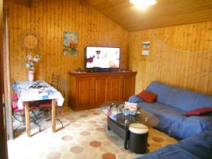 Agréable chalet de 52m2 au verdon-sur-mer في لي فيردون سور ميه: غرفة معيشة مع أريكة زرقاء وطاولة