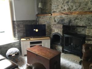 a living room with a stone fireplace and a television at bwthyn y porthmyn in Llandovery