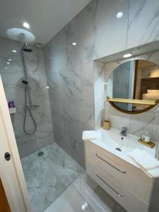 a bathroom with a sink and a shower with a mirror at Appartement François 1er in Vichy