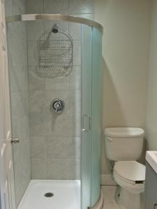 ein Badezimmer mit Dusche und Toilette in der Unterkunft Gateside Chalets 6 Bedroom Hot Tub Near Village in Blue Mountains + 36 Fotos